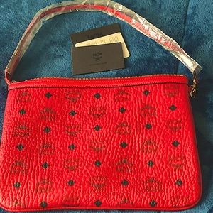 MCM MONOGRAM RUBY RED VISETOS LIZ SHOPPER TOTE POUCH
